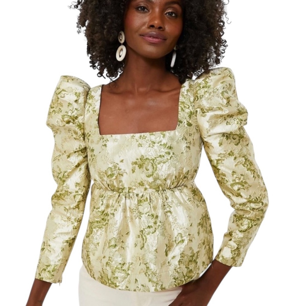 Hyacinth house Green Floral brocade Bridgerton square-Neck Puff Peplum Blouse xs